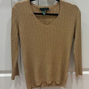 Lauren Ralph Lauren Gold Metallic V-Neck Cable Knit Sweater - Silk Blend